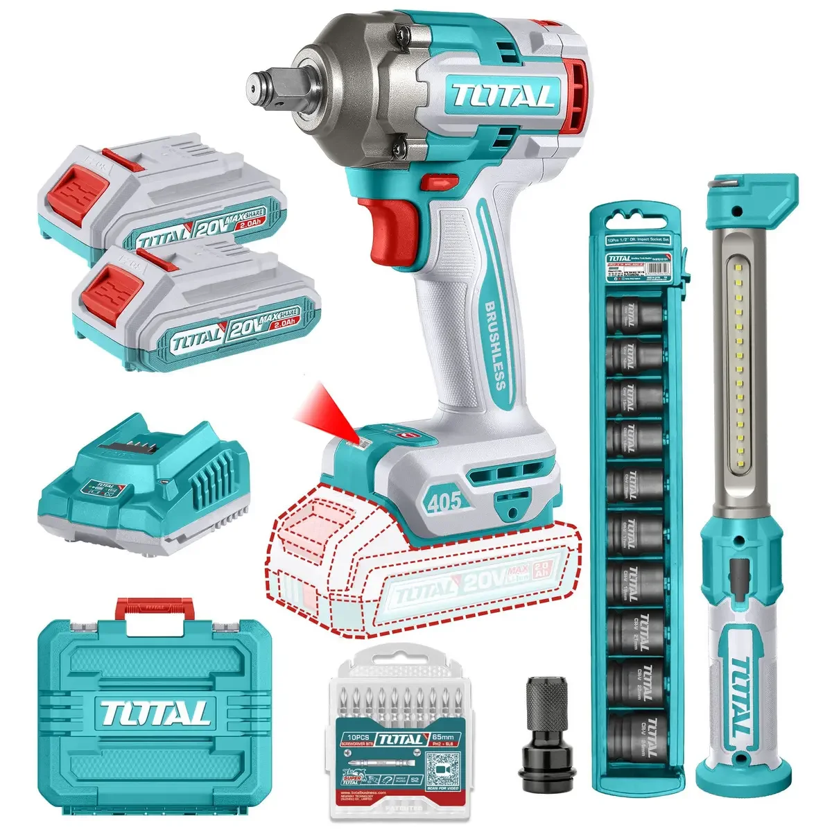 Kit llave de impacto 20V 405Nm y lámpara TOSLI23056